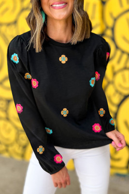 Black Floral Embroidered Puff Sleeve Top