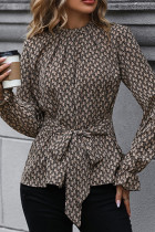 Tie Waist Puff Sleeves Leopard Blouse