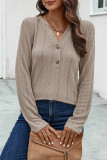 Plain Texture V Neck Buttoned Long Sleeves Top