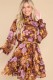 Multicolor Shirred High Neck Lace-up High Waist Floral Dress