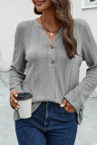 Plain Texture V Neck Buttoned Long Sleeves Top