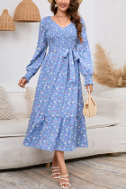 Tie Waist Puff Sleeves Florad Dress