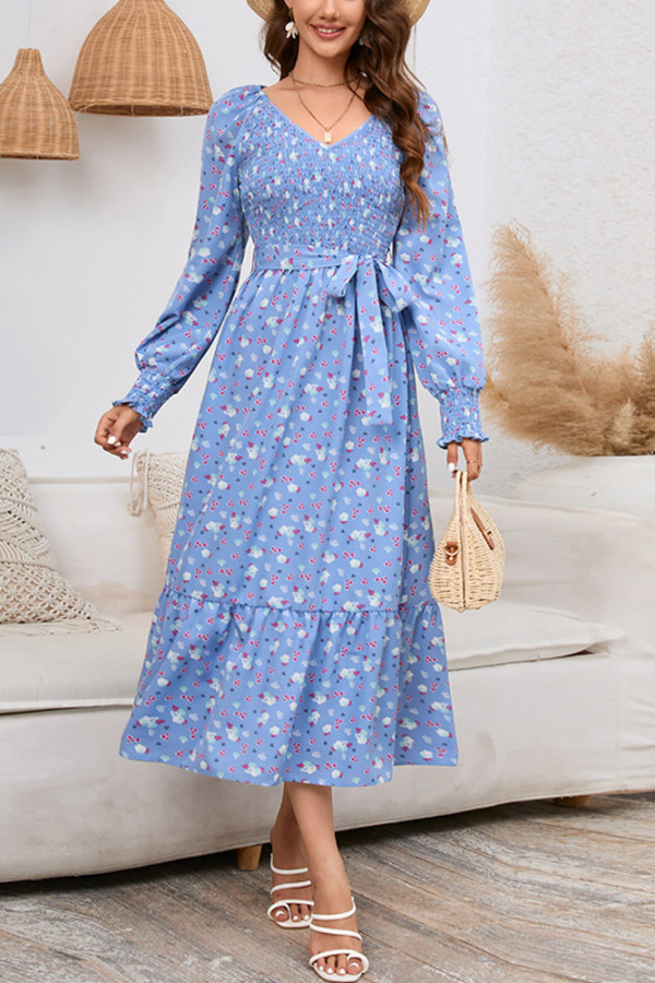 Tie Waist Puff Sleeves Florad Dress