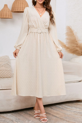 Swiss Dot V Neck Puff Sleeves Dress
