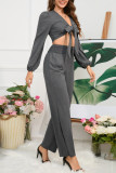 Plain Tie Knot Crop Top and Pants 2PCS Set