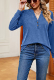 V Neck Button Plain Long Sleeves Top