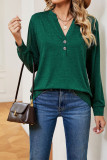 V Neck Button Plain Long Sleeves Top