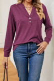 V Neck Button Plain Long Sleeves Top