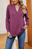 V Neck Button Plain Long Sleeves Top