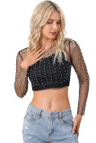 Black Pearl and Rhinestone Detail Sheer Mesh Top