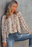 Brown Glitter Snake Grain Pleated Round Neck Blouse