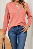 V Neck Button Plain Long Sleeves Top