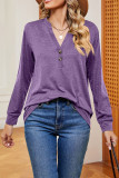 V Neck Button Plain Long Sleeves Top