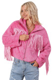 Pink Fringed Full Zipper Fleece Jacket
