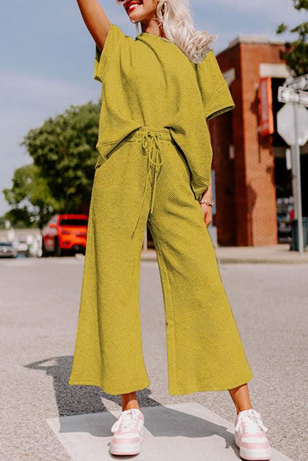 Beige Textured Loose Fit T Shirt and Drawstring Pants Set