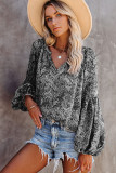 Black Pleated Lantern Sleeve Abstract Print Blouse