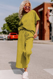 Beige Textured Loose Fit T Shirt and Drawstring Pants Set
