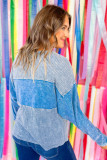 Sky Blue Plus Size Waffle Knit Patchwork Drop Shoulder Top