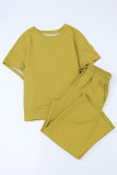 Beige Textured Loose Fit T Shirt and Drawstring Pants Set