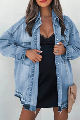 Sky Blue Flap Pocket Buttoned Oversized Denim Jacket