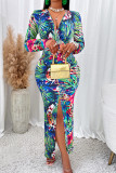V Neck Tropical Floral Print Split Maxi Dress