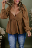 Khaki Plus Size Sweetheart Neck Long Sleeve Peplum Blouse
