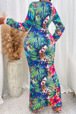 V Neck Tropical Floral Print Split Maxi Dress
