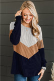 Navy Blue Color Block Corded Texture Long Sleeve Top