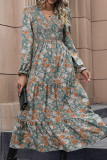 Wholesale Boutique Green Floral Print V Neck Smocked Ruffles Maxi Dress