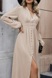 Apricot Smocked Puff Sleeves Split Dress