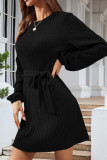 Tie Waist Cable Puff Sleeves Mini Dress
