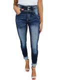 Blue Vintage Washed Two-button High Waist Skinny Jeans