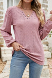 Eyelet V Neck Plain Long Sleeves Top