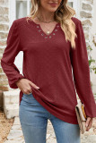 Eyelet V Neck Plain Long Sleeves Top