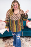 Brown Mix Floral Striped Ethnic Splicing Plus Size Blouse
