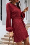 Tie Waist Cable Puff Sleeves Mini Dress