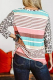V Neck Stripe Splicing Leopard Long Sleeves Top