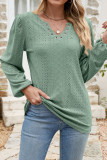 Eyelet V Neck Plain Long Sleeves Top