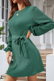 Tie Waist Cable Puff Sleeves Mini Dress