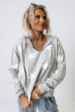 Light Grey Stars Print V-Neck Drawstring Hoodie