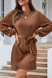 Tie Waist Cable Puff Sleeves Mini Dress