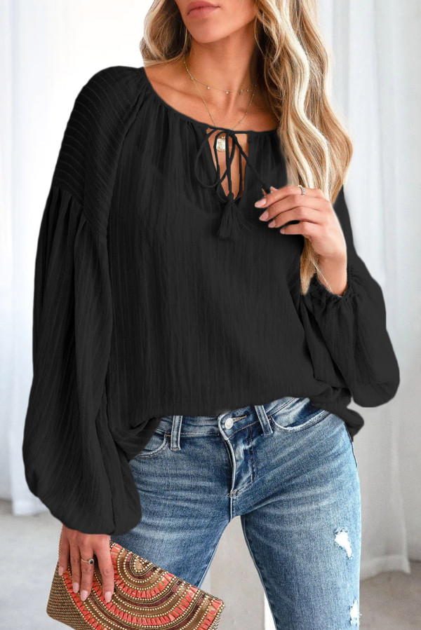 Black Lantern Sleeve Stripe Tassel Drawstring Blouse