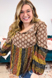 Brown Mix Floral Striped Ethnic Splicing Plus Size Blouse