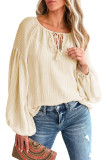 Apricot Lantern Sleeve Stripe Tassel Drawstring Blouse
