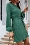 Tie Waist Cable Puff Sleeves Mini Dress