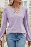 Eyelet V Neck Plain Long Sleeves Top
