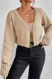 Khaki Crop Knit Tank Top With Open Cardigan 2pcs Set
