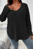 Plain V Neck Rib Plus Size Top