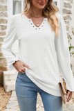 Eyelet V Neck Plain Long Sleeves Top