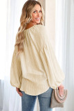 Apricot Lantern Sleeve Stripe Tassel Drawstring Blouse